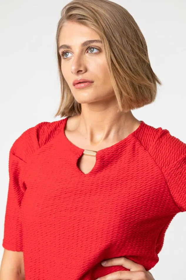Women Red Keyhole Neck Textured Top Roman Tops
