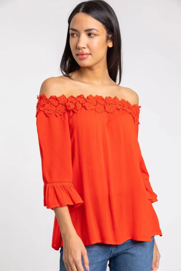 Women Red Lace Trim Bardot Top Roman Tops
