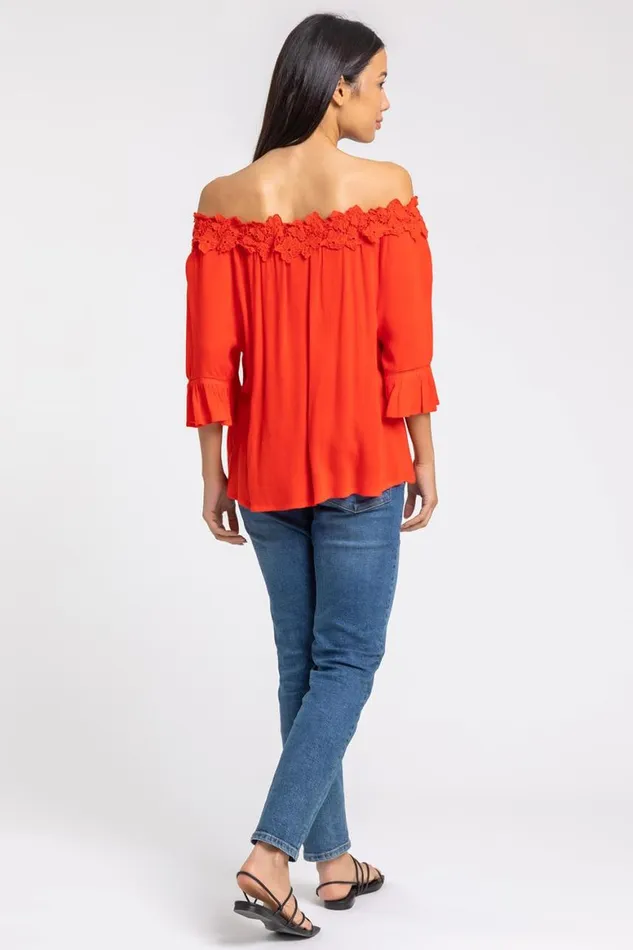 Women Red Lace Trim Bardot Top Roman Tops
