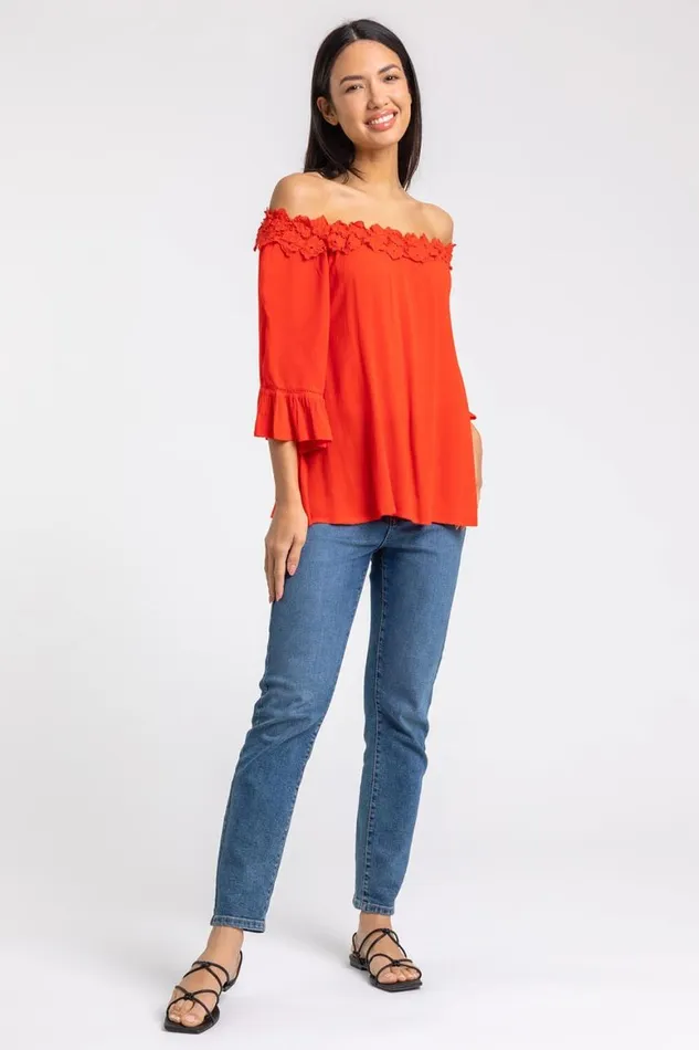 Women Red Lace Trim Bardot Top Roman Tops