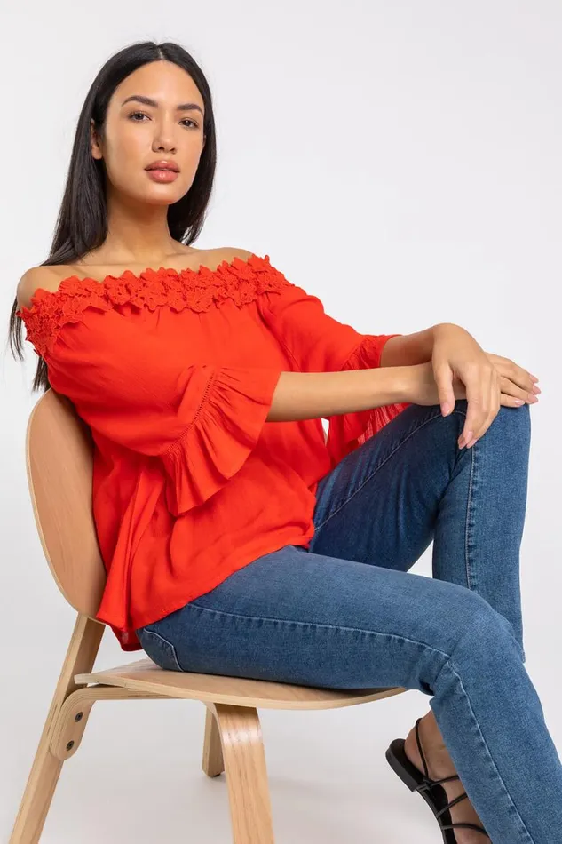Women Red Lace Trim Bardot Top Roman Tops