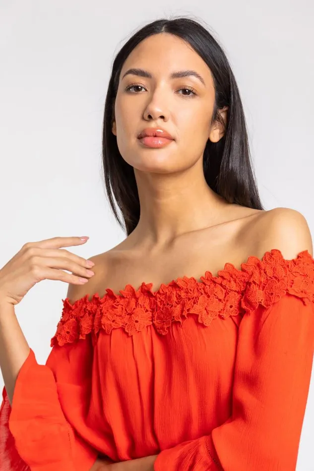 Women Red Lace Trim Bardot Top Roman Tops