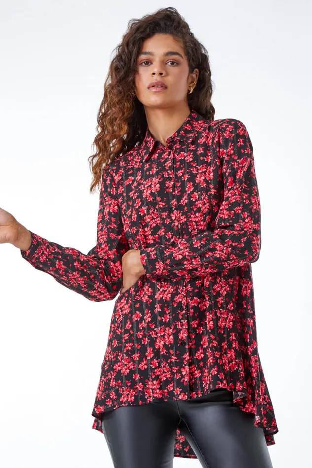 Women Red Metallic Floral Print Peplum Blouse Roman Tops