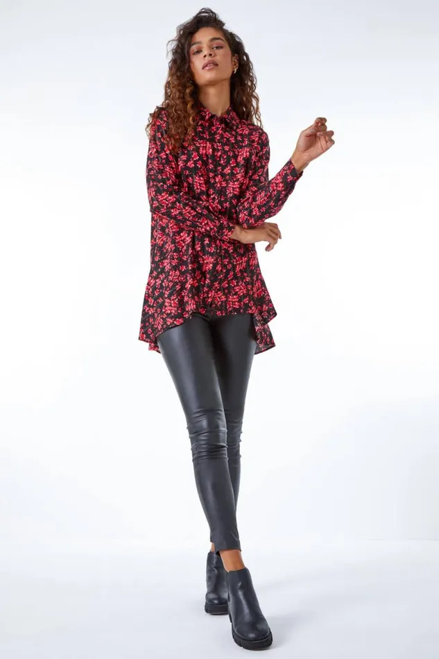 Women Red Metallic Floral Print Peplum Blouse Roman Tops