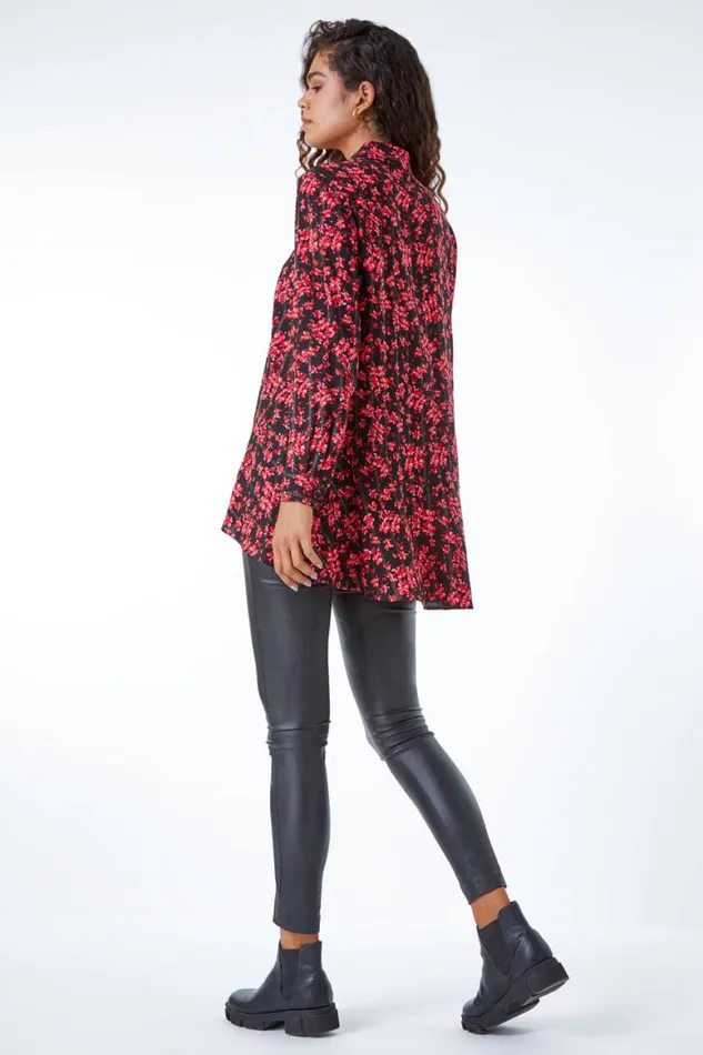 Women Red Metallic Floral Print Peplum Blouse Roman Tops