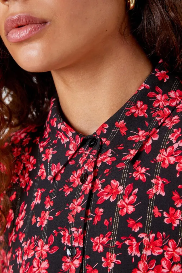 Women Red Metallic Floral Print Peplum Blouse Roman Tops