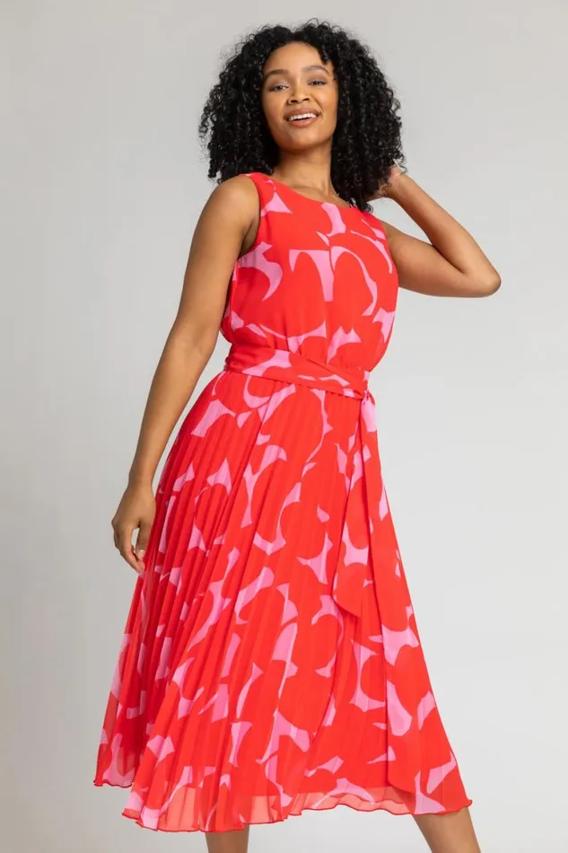 Women Red Petite Abstract Pleated Chiffon Midi Dress Roman Dresses