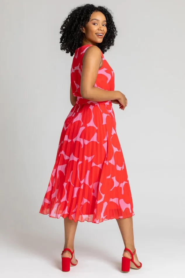 Women Red Petite Abstract Pleated Chiffon Midi Dress Roman Dresses