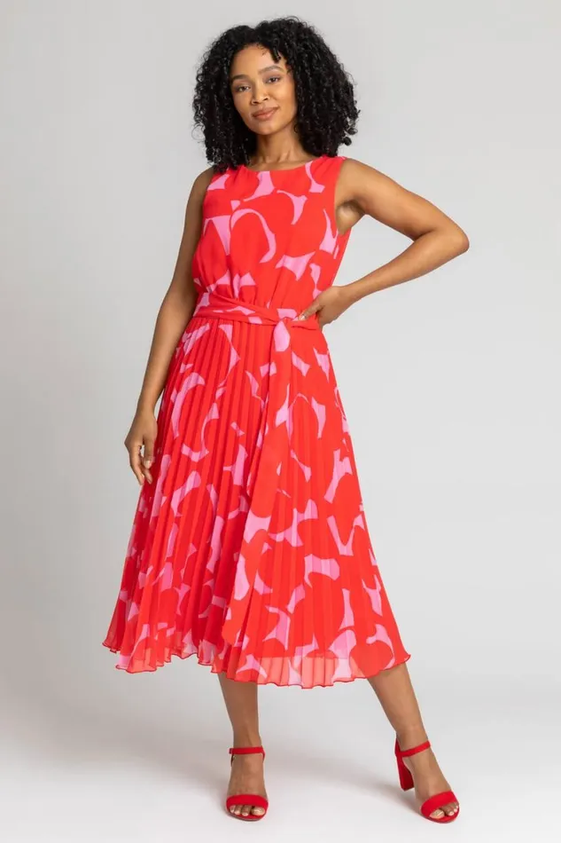 Women Red Petite Abstract Pleated Chiffon Midi Dress Roman Dresses