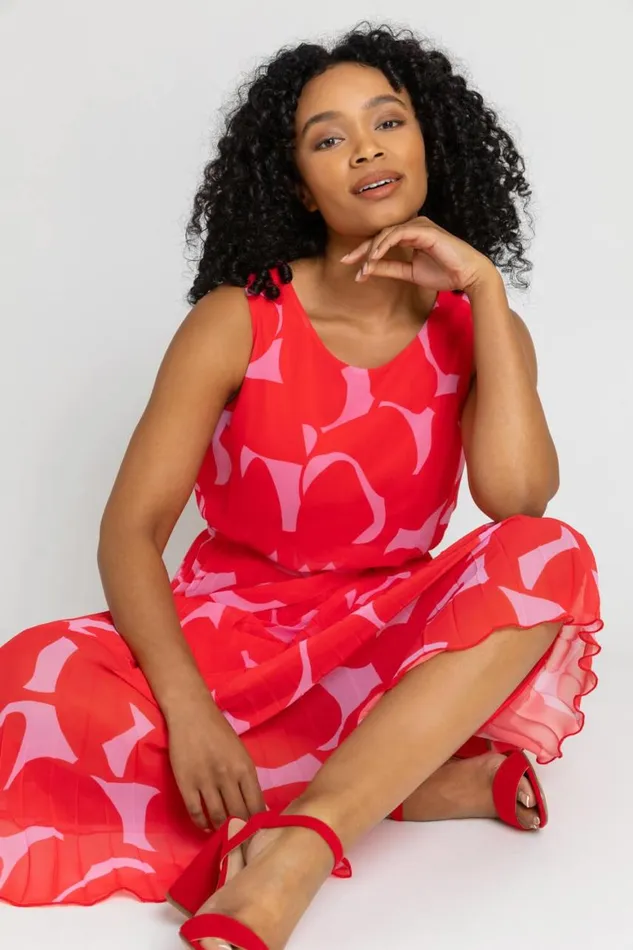 Women Red Petite Abstract Pleated Chiffon Midi Dress Roman Dresses