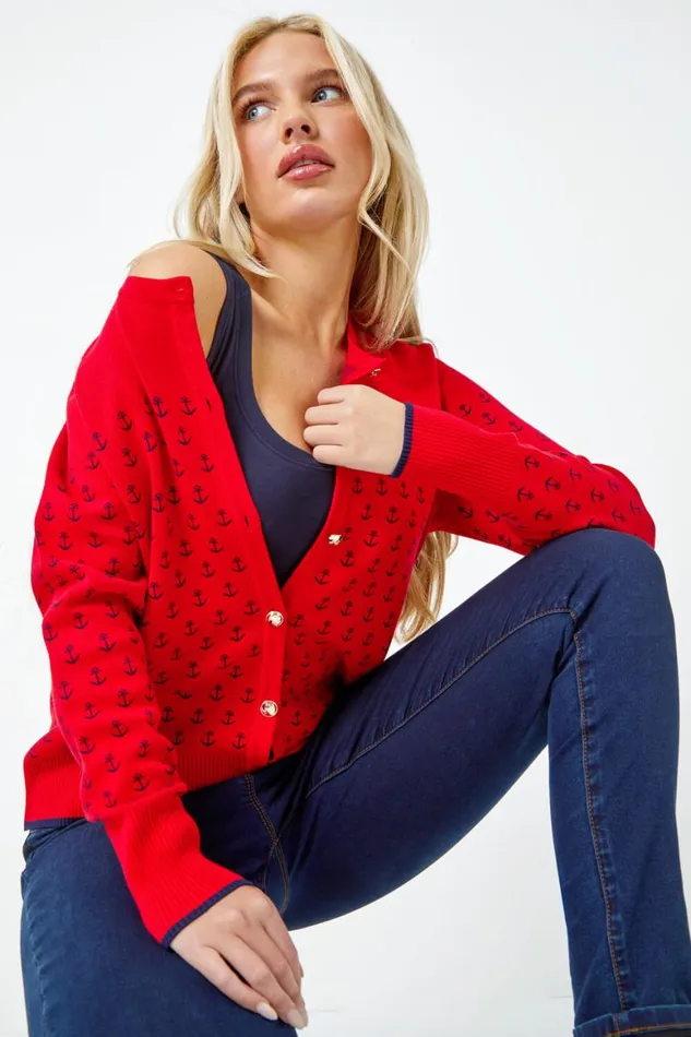 Women Red Petite Anchor Embroidered Cardigan Roman Knitwear