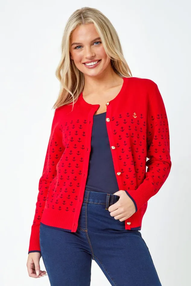 Women Red Petite Anchor Embroidered Cardigan Roman Knitwear