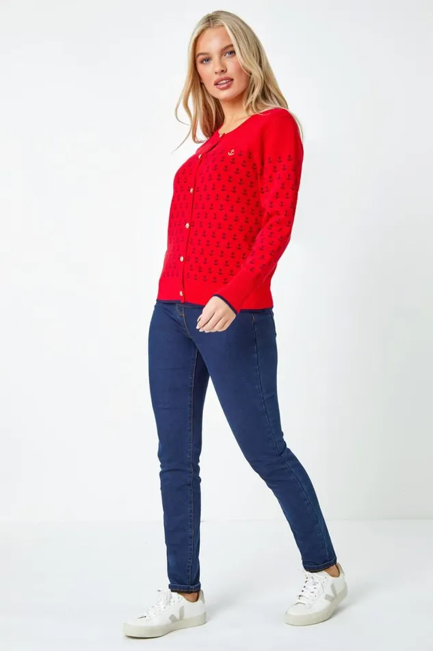 Women Red Petite Anchor Embroidered Cardigan Roman Knitwear