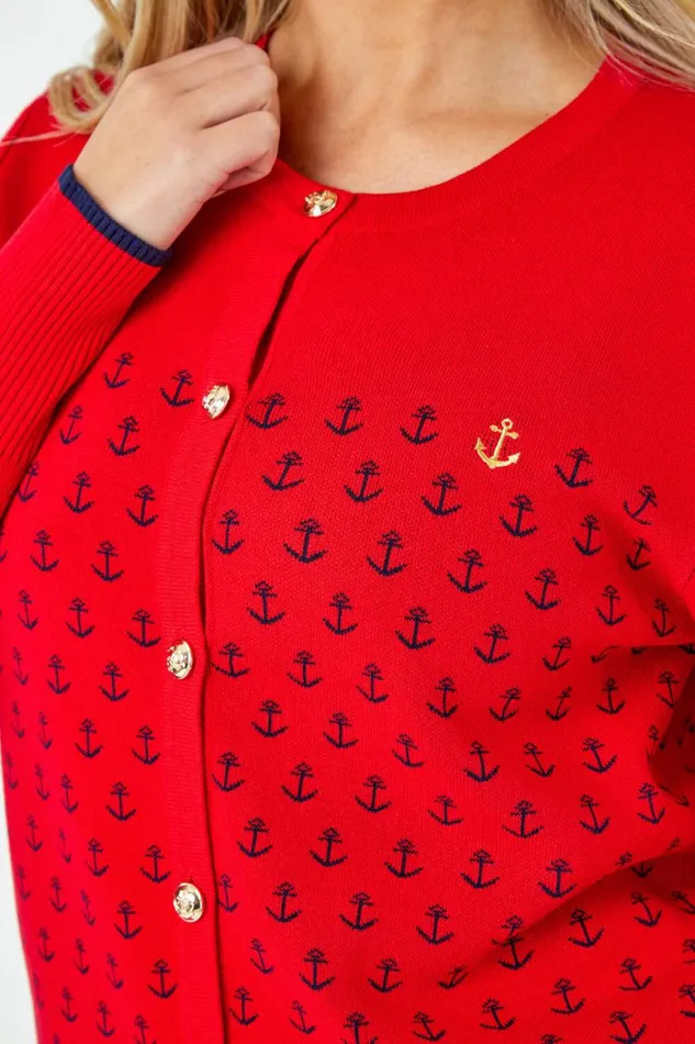 Women Red Petite Anchor Embroidered Cardigan Roman Knitwear