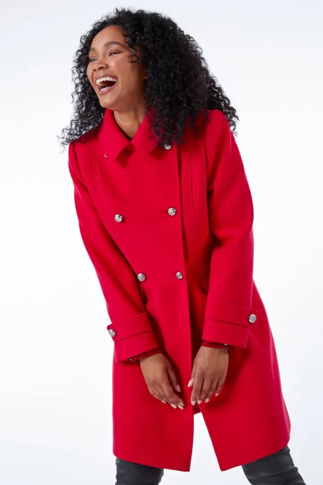 Women Red Petite Double Breasted Military Coat Roman Coats