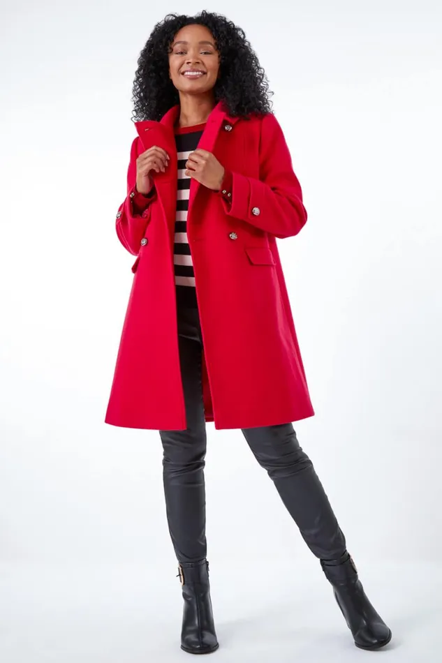 Women Red Petite Double Breasted Military Coat Roman Coats