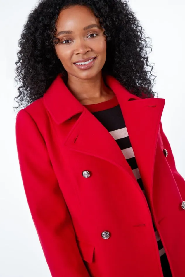 Women Red Petite Double Breasted Military Coat Roman Coats
