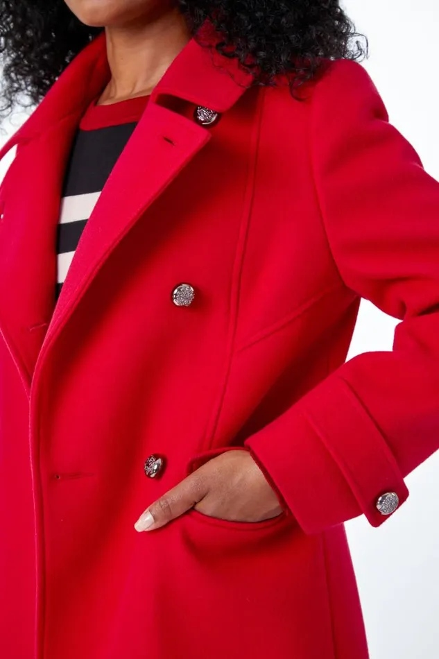 Women Red Petite Double Breasted Military Coat Roman Coats