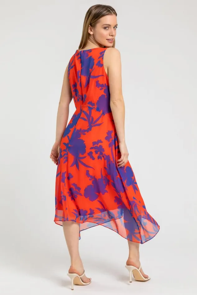 Women Red Petite Floral Print Chiffon Dress Roman Dresses