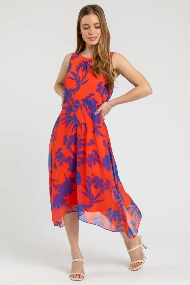 Women Red Petite Floral Print Chiffon Dress Roman Dresses
