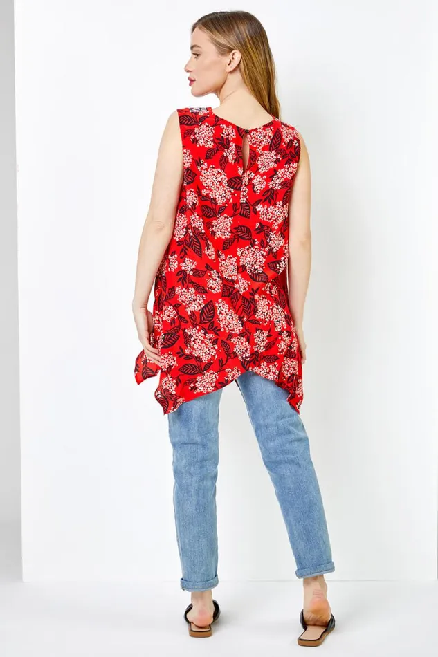 Women Red Petite Floral Print VNeck Hanky Hem Top Roman Tops