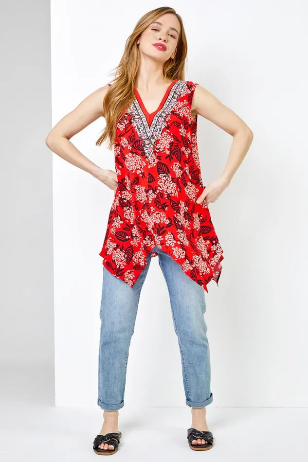 Women Red Petite Floral Print VNeck Hanky Hem Top Roman Tops