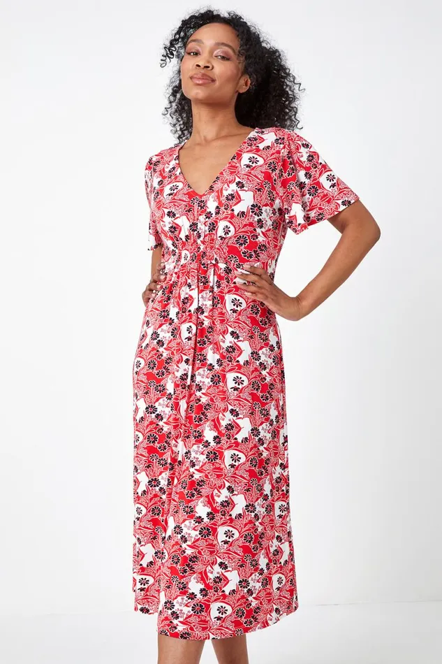 Women Red Petite Floral Shirred Stretch Midi Dress Roman Dresses