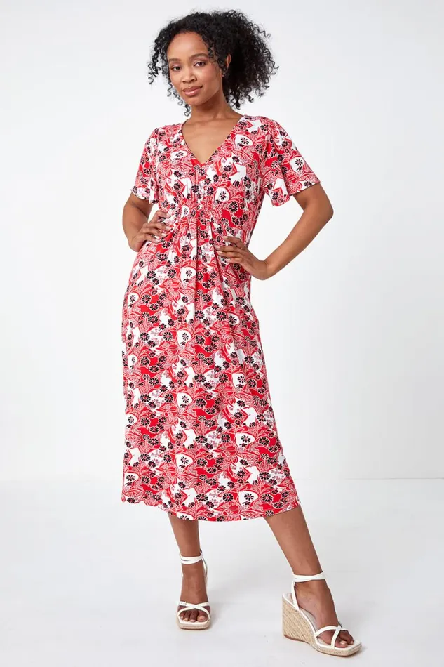 Women Red Petite Floral Shirred Stretch Midi Dress Roman Dresses
