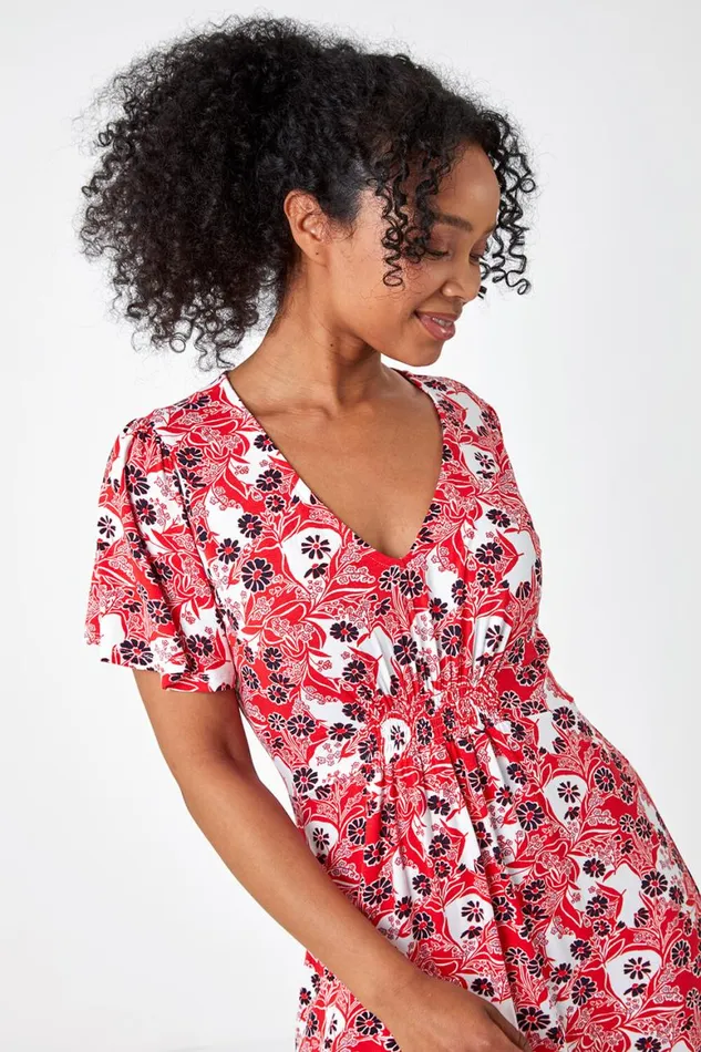 Women Red Petite Floral Shirred Stretch Midi Dress Roman Dresses