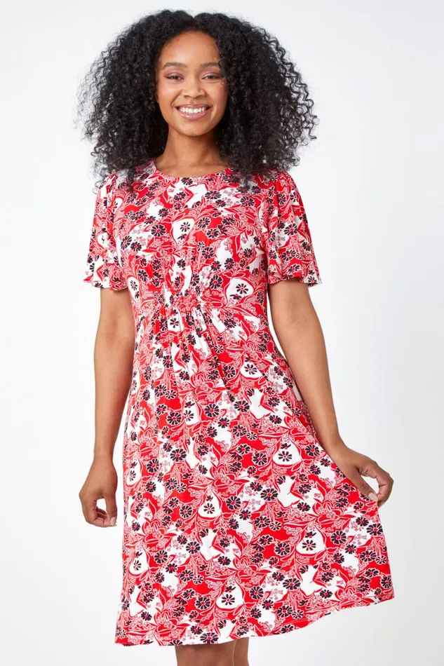 Women Red Petite Floral Stretch Tea Skater Dress Roman Dresses