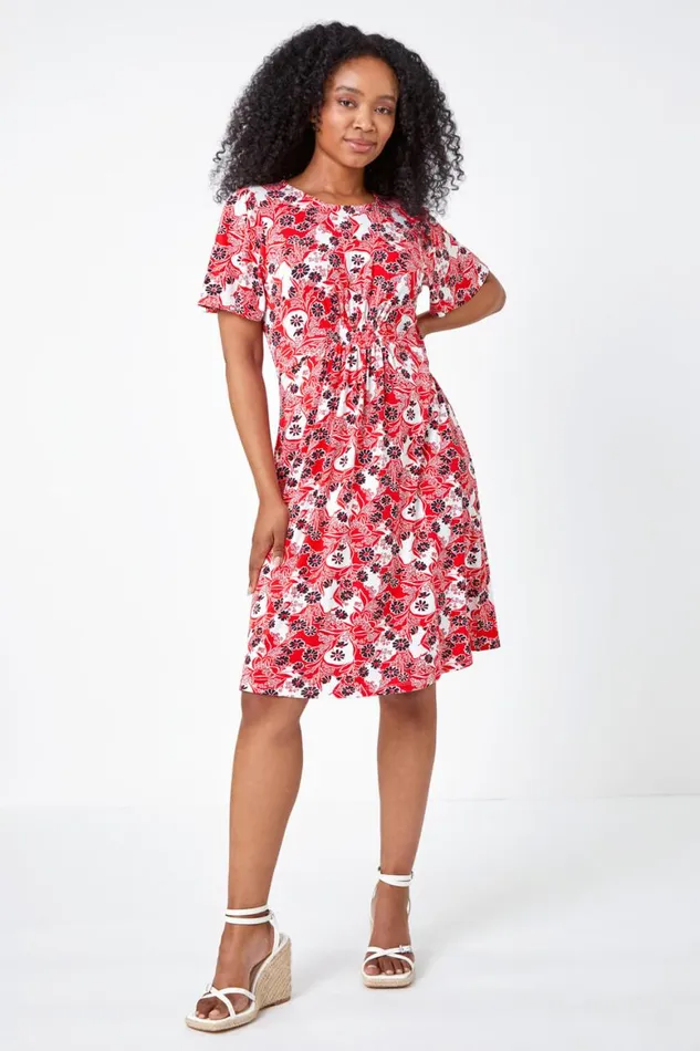 Women Red Petite Floral Stretch Tea Skater Dress Roman Dresses
