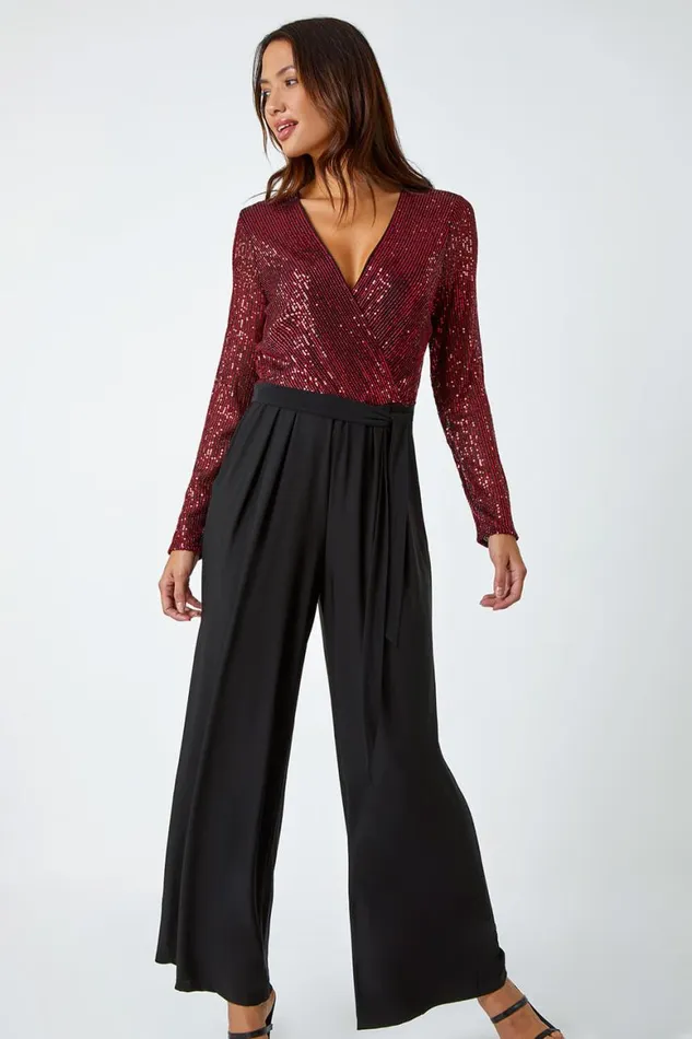Women Red Sequin Wrap Wide Leg Stretch Jumpsuit Roman Occasionwear