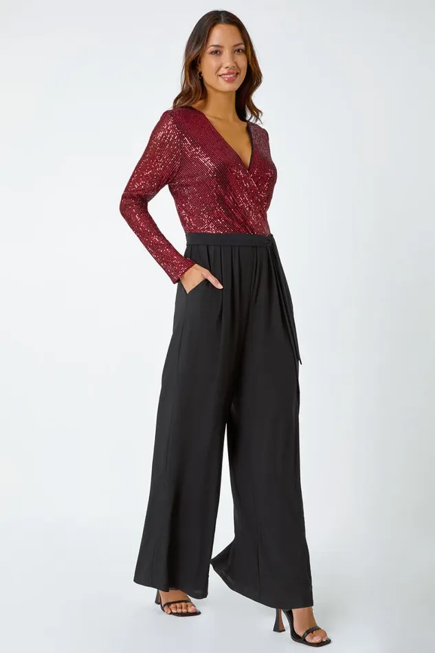 Women Red Sequin Wrap Wide Leg Stretch Jumpsuit Roman Occasionwear