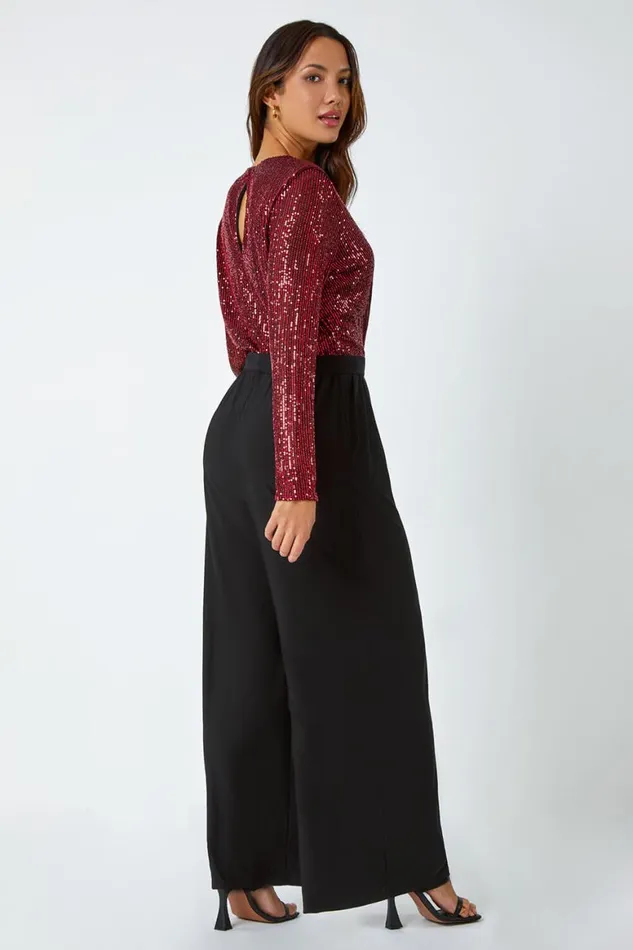 Women Red Sequin Wrap Wide Leg Stretch Jumpsuit Roman Occasionwear