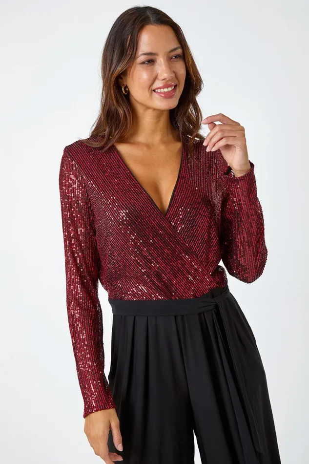 Women Red Sequin Wrap Wide Leg Stretch Jumpsuit Roman Occasionwear