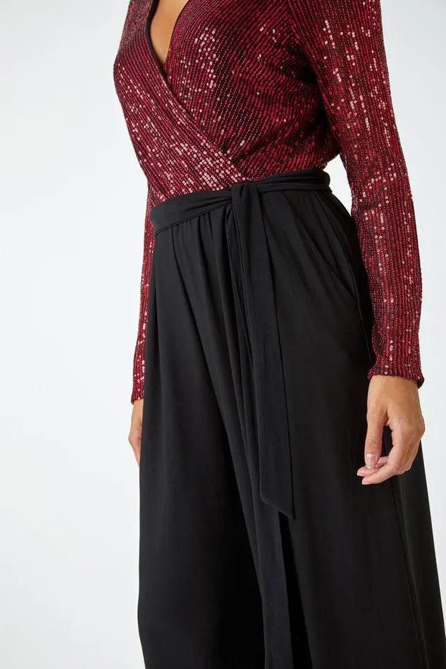 Women Red Sequin Wrap Wide Leg Stretch Jumpsuit Roman Occasionwear