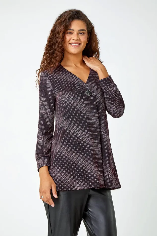 Women Red Shimmer Stripe Print VNeck Tunic Top Roman Tops