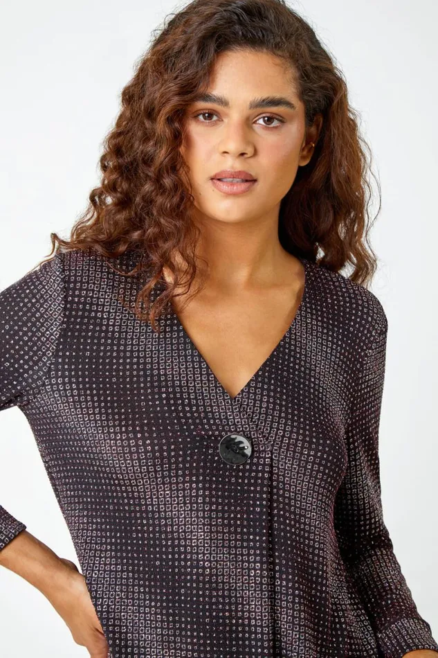 Women Red Shimmer Stripe Print VNeck Tunic Top Roman Tops