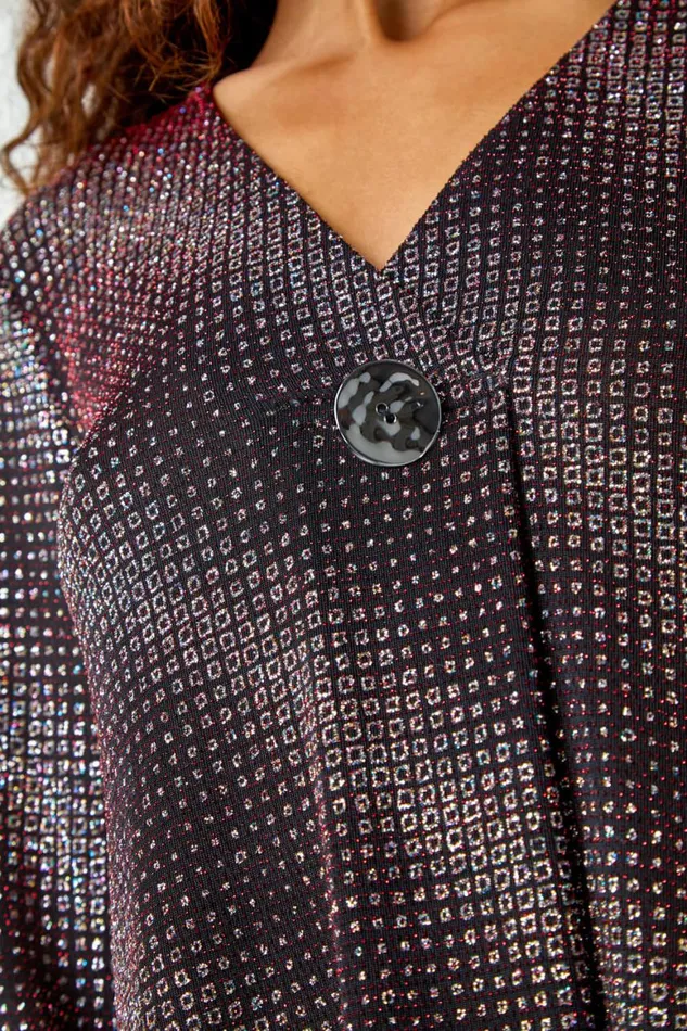 Women Red Shimmer Stripe Print VNeck Tunic Top Roman Tops