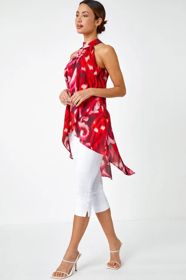 Women Red Sleeveless Swirl Print Halter Neck Top Roman Tops