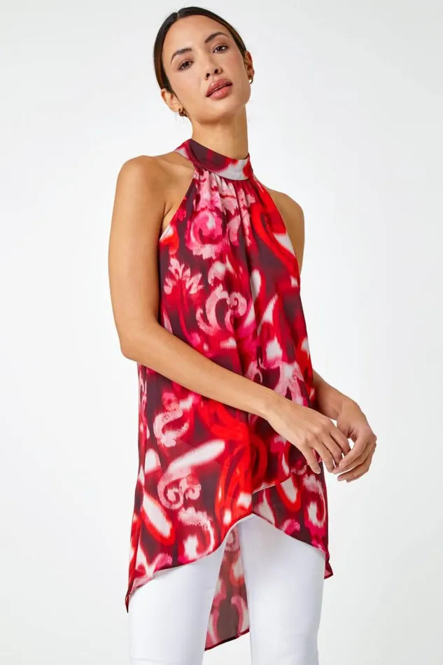 Women Red Sleeveless Swirl Print Halter Neck Top Roman Tops