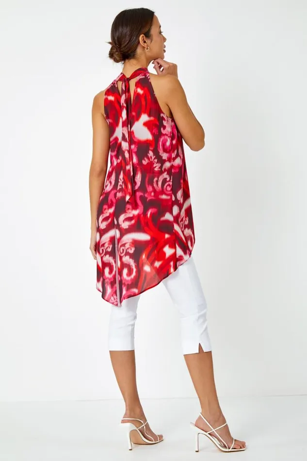 Women Red Sleeveless Swirl Print Halter Neck Top Roman Tops