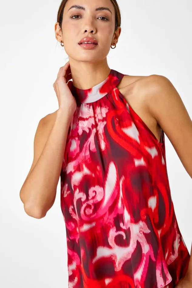 Women Red Sleeveless Swirl Print Halter Neck Top Roman Tops