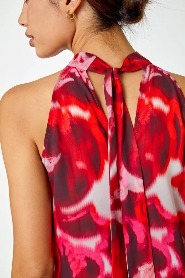 Women Red Sleeveless Swirl Print Halter Neck Top Roman Tops