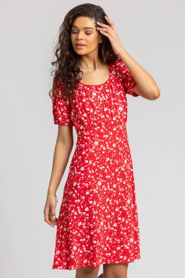 Women Red Stretch Floral Print Fit and Flare Dress Roman Dresses