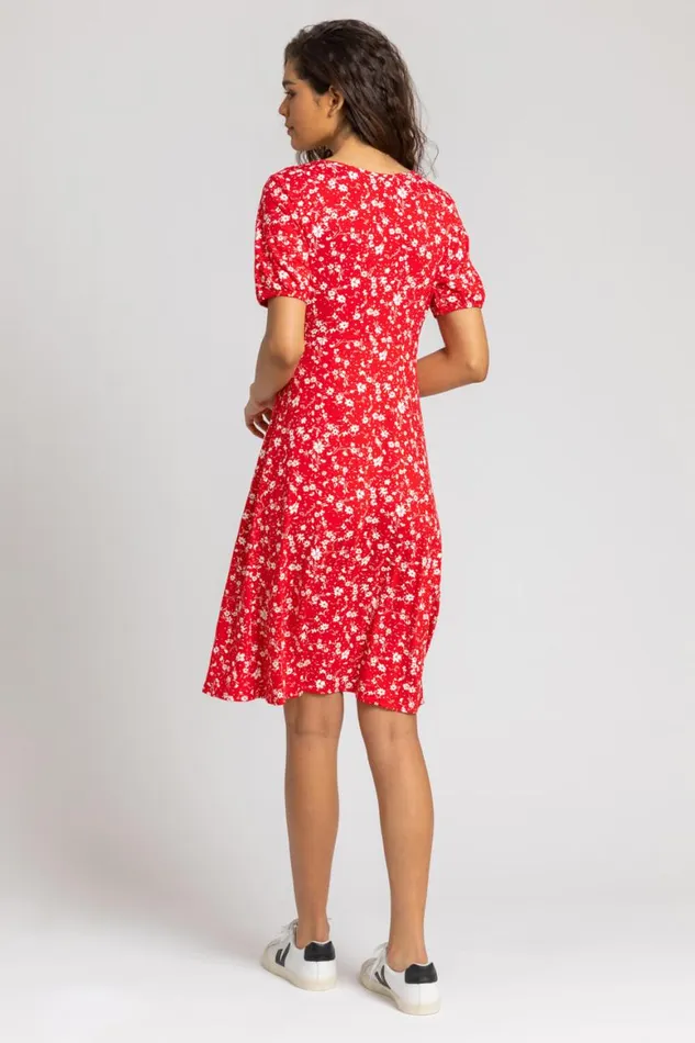 Women Red Stretch Floral Print Fit and Flare Dress Roman Dresses