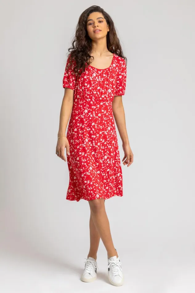 Women Red Stretch Floral Print Fit and Flare Dress Roman Dresses