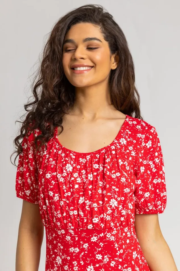 Women Red Stretch Floral Print Fit and Flare Dress Roman Dresses