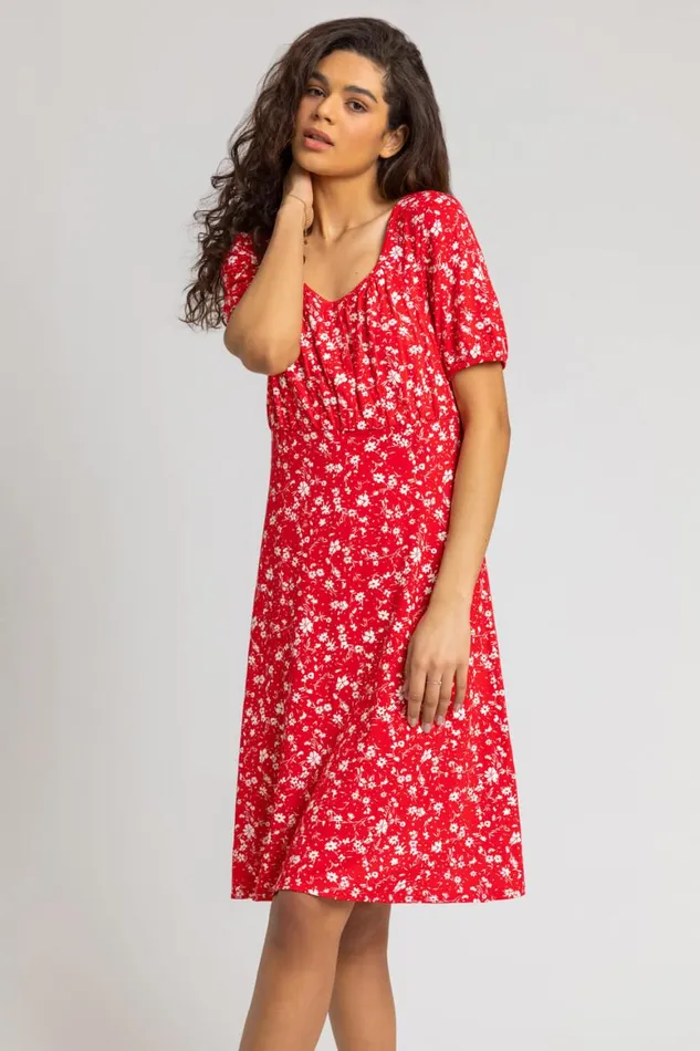 Women Red Stretch Floral Print Fit and Flare Dress Roman Dresses