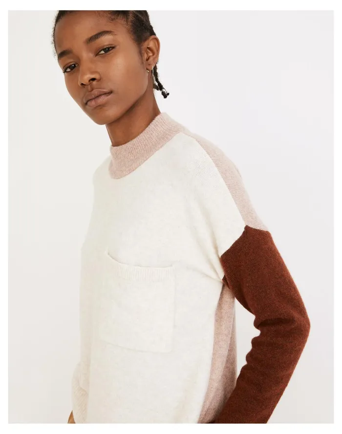 Women Redmond Mockneck Pocket Sweater In Colorblock Heather Gardenia Madewell Sweaters